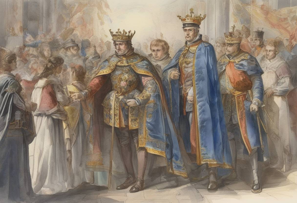 Watercolor painting based depiction of Duke Henry of Saxony was elected King of East Francia, marking the beginning of the Ottonian dynasty. (919)