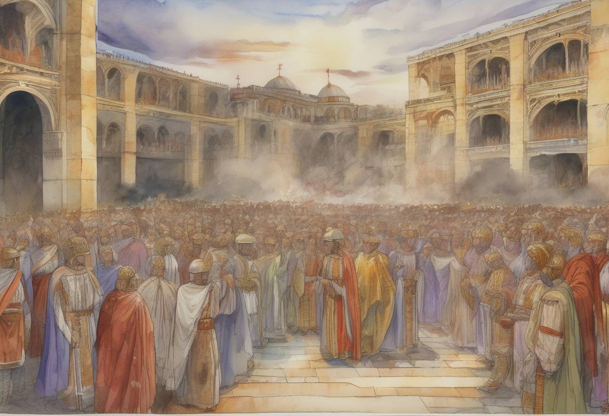 Watercolor painting based depiction of The second and final revision of the Codex Justinianus was published. This was part of Emperor Justinian I's comprehensive codification of Roman law, which had a lasting impact on the legal systems of many modern European nations. (534)