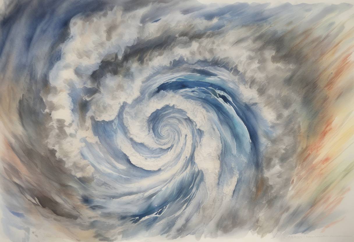 Watercolor painting based depiction of Typhoon Haiyan, one of the most powerful tropical cyclones ever recorded, made landfall in the Philippines, causing widespread devastation and loss of life. (2013)