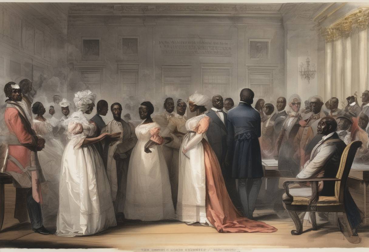 Watercolor painting based depiction of The Slavery Abolition Act receives Royal Assent, abolishing slavery throughout the British Empire. (1833)