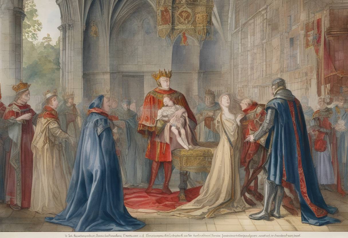 Watercolor painting based depiction of King Henry V of England dies unexpectedly in France, leaving his infant son, Henry VI, as king. (1422)