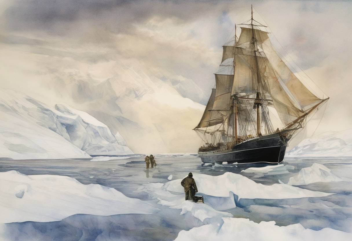 Watercolor painting based depiction of Ernest Shackleton, leading the Nimrod Expedition, planted the British flag 97 miles from the South Pole, the farthest south anyone had reached at that time. (1909)