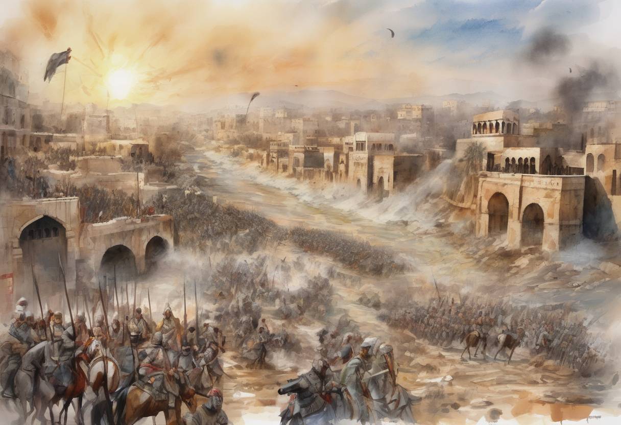 Watercolor painting based depiction of The Battle of the Yarmouk River begins, a significant conflict between the Byzantine Empire and the Rashidun Caliphate, marking a pivotal moment in the Muslim conquest of the Levant. (615)