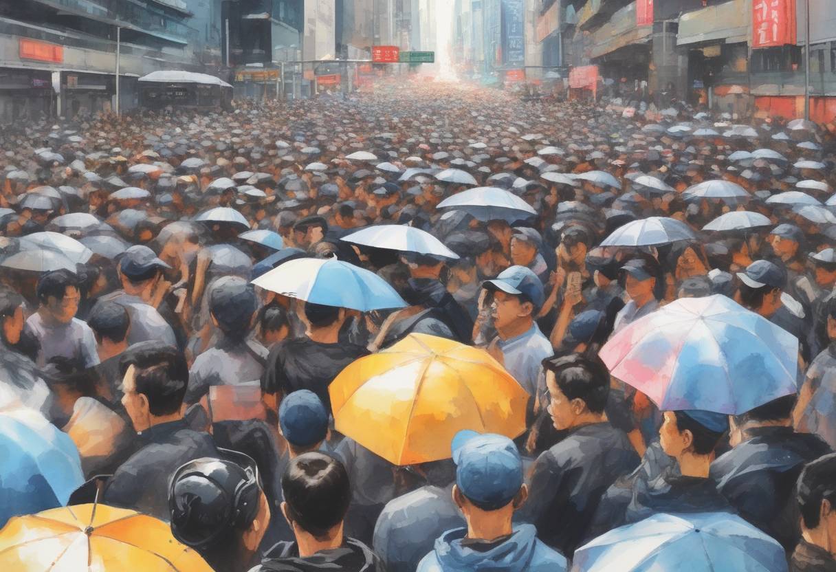 Watercolor painting based depiction of A mass protest in Hong Kong saw tens of thousands of demonstrators defy a police ban, continuing months of pro-democracy protests. (2019)