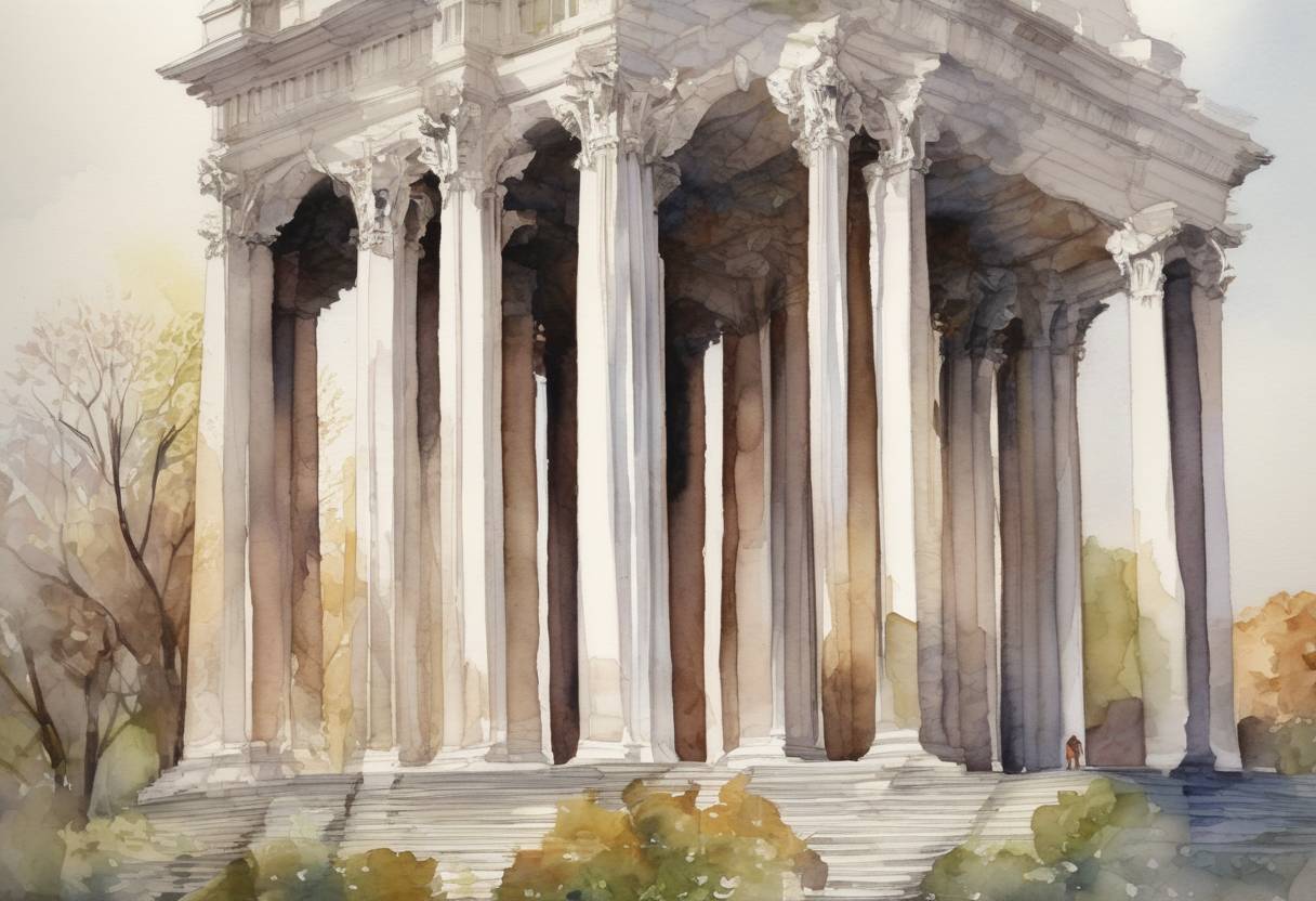 Watercolor painting based depiction of A magnitude 5.8 earthquake struck Virginia, causing damage to landmarks such as the Washington Monument and the National Cathedral in Washington, D.C. (2011)