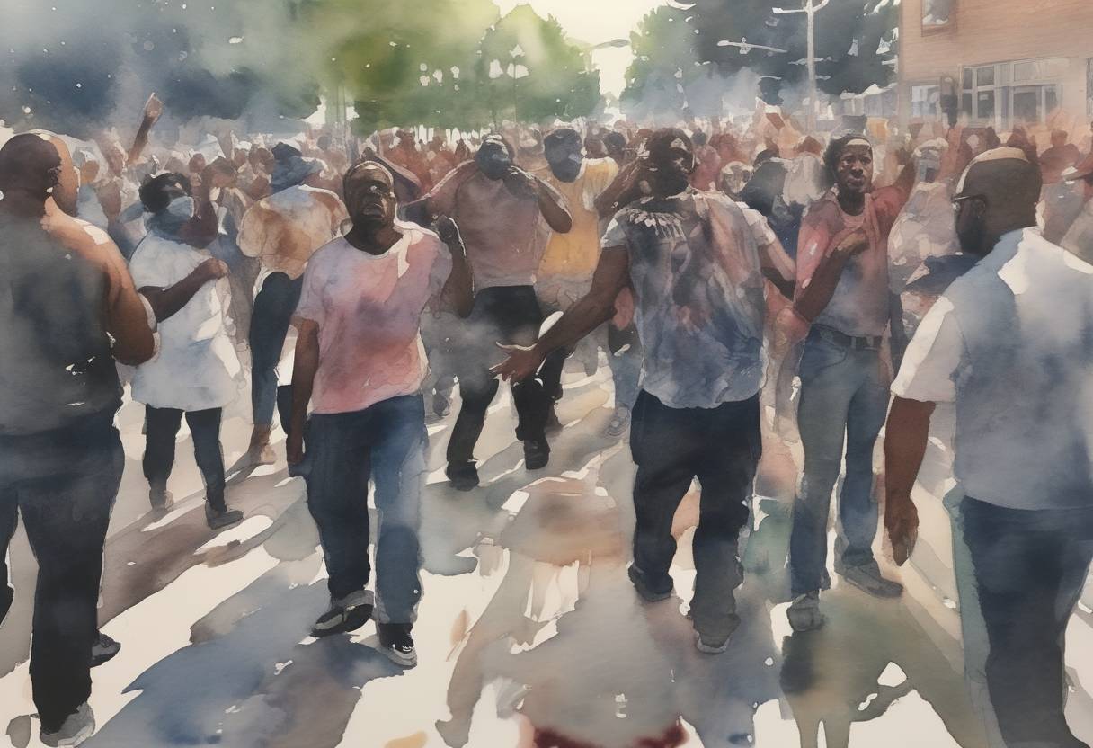 Watercolor painting based depiction of Protests erupted in Kenosha, Wisconsin, following the police shooting of Jacob Blake, an African American man. (2020)