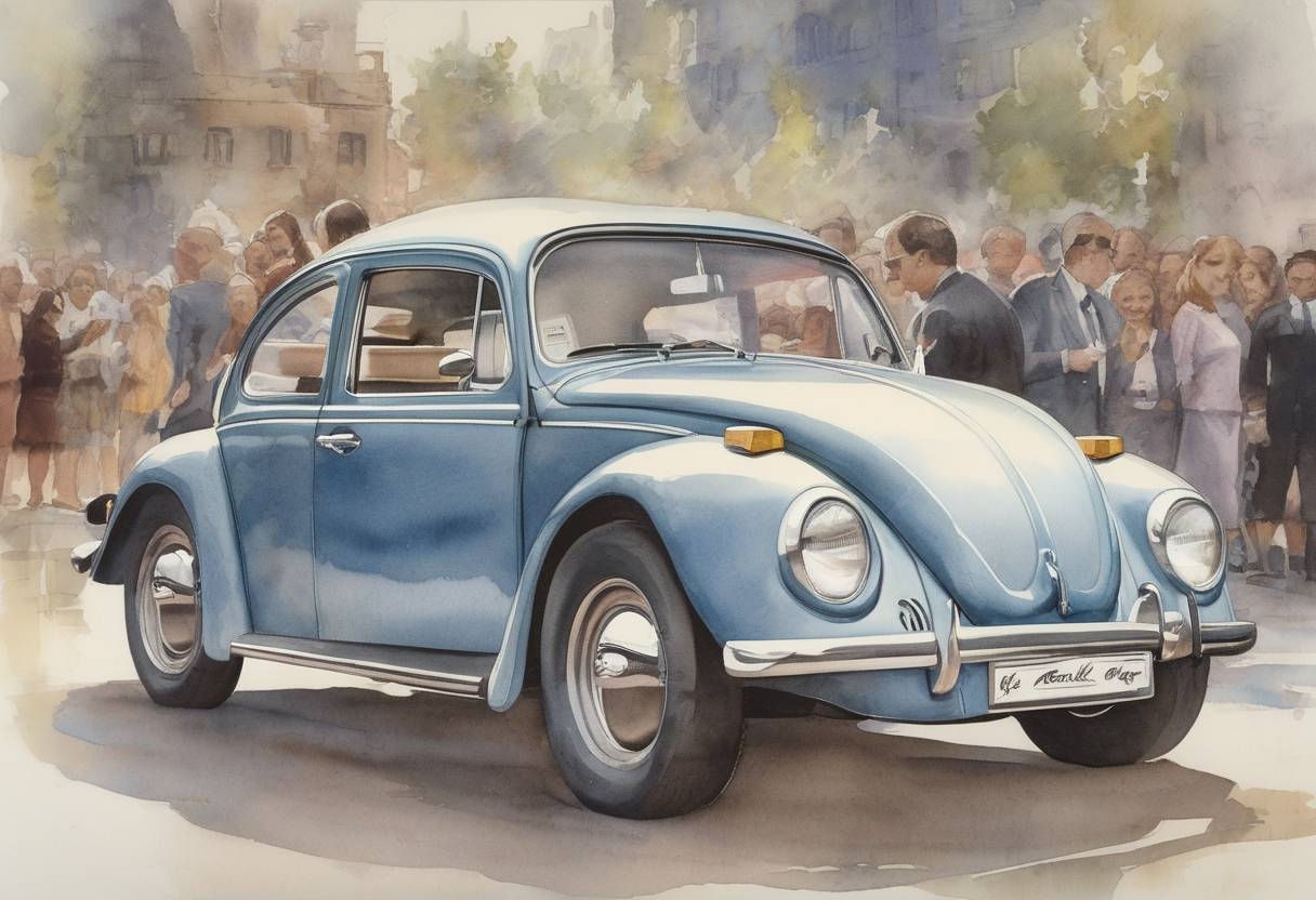 Watercolor painting based depiction of The Volkswagen Beetle becomes the world's best-selling car, surpassing the previous record held by the Ford Model T. (1972)