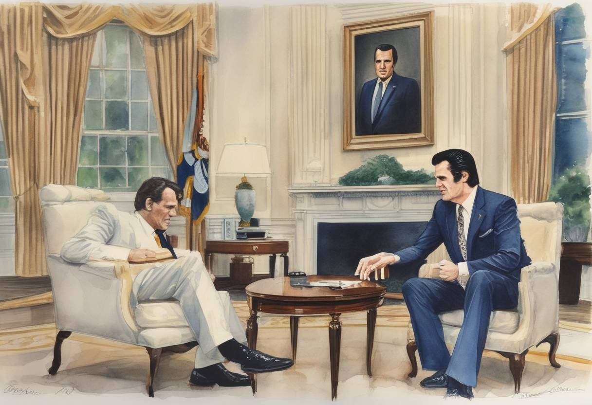 Watercolor painting based depiction of Elvis Presley met President Richard Nixon at the White House, a famous meeting where Presley expressed his desire to help combat drug use. (1970)