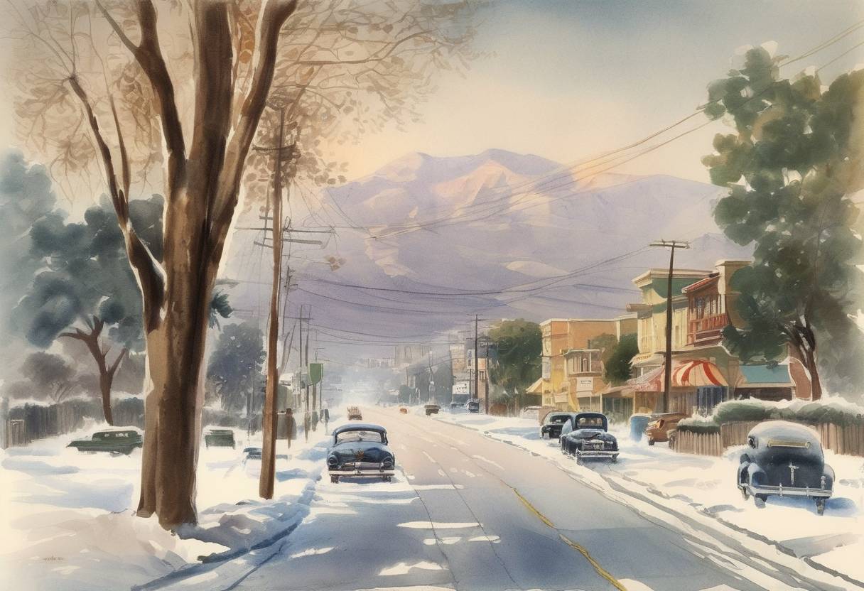Watercolor painting based depiction of Los Angeles received its first recorded snowfall, an unusual weather event for the region. (1949)