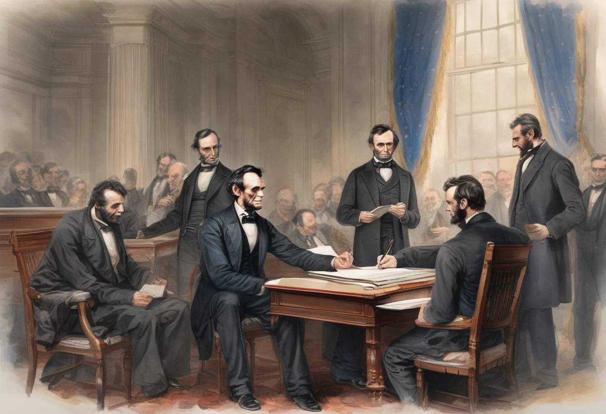 Watercolor painting based depiction of President Abraham Lincoln signs the Thirteenth Amendment to the United States Constitution, abolishing slavery. (1865)