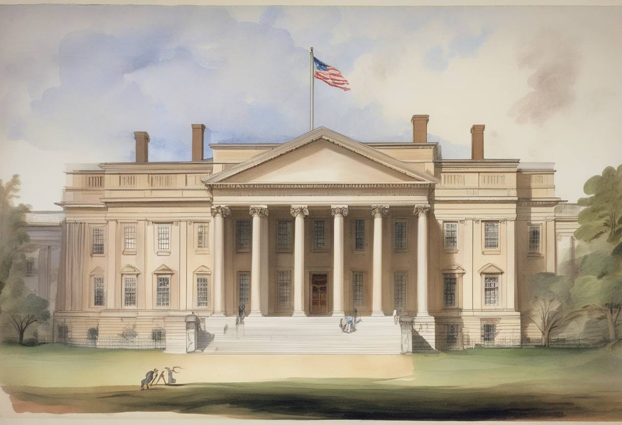 Watercolor painting based depiction of The United States Department of the Treasury was established. (1789)