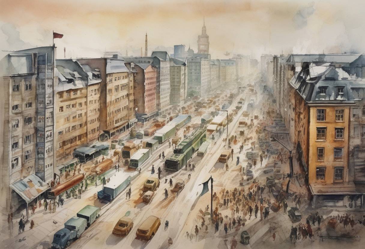 Watercolor painting based depiction of The Berlin Blockade began as the Soviet Union blocked all ground routes to West Berlin, prompting the Western Allies to initiate the Berlin Airlift to supply the city. (1948)