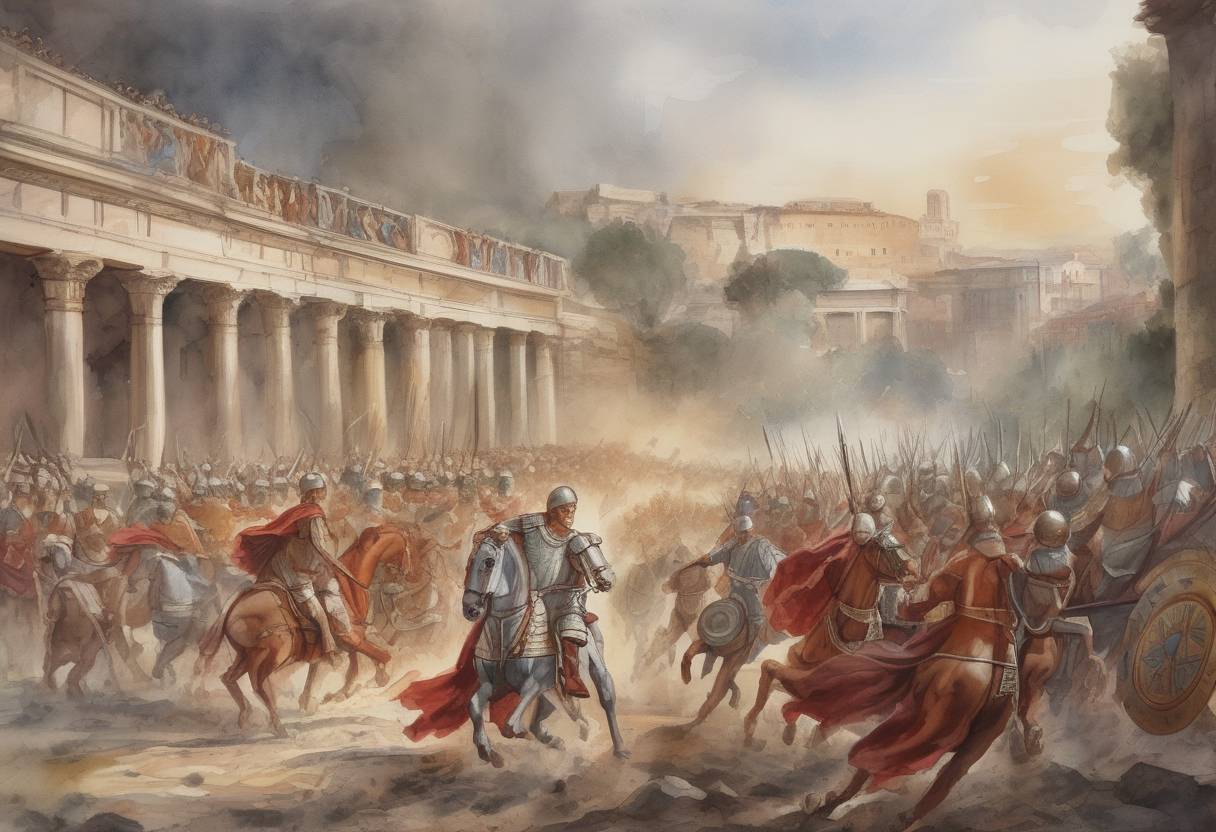 Watercolor painting based depiction of The Roman Emperor Aurelian is assassinated by his own troops, leading to a brief period of instability in the Roman Empire. (275)