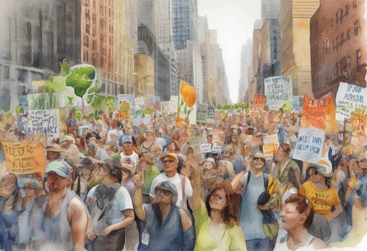 Watercolor painting based depiction of The People's Climate March took place in New York City, with over 300,000 participants advocating for action against climate change. It was one of the largest climate marches in history. (2014)