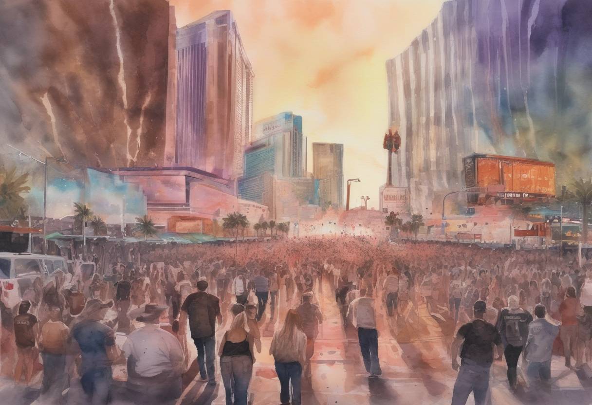 Watercolor painting based depiction of A mass shooting occurred at the Route 91 Harvest music festival in Las Vegas, Nevada, resulting in 58 deaths and over 800 injuries, making it the deadliest mass shooting in modern U.S. history. (2017)