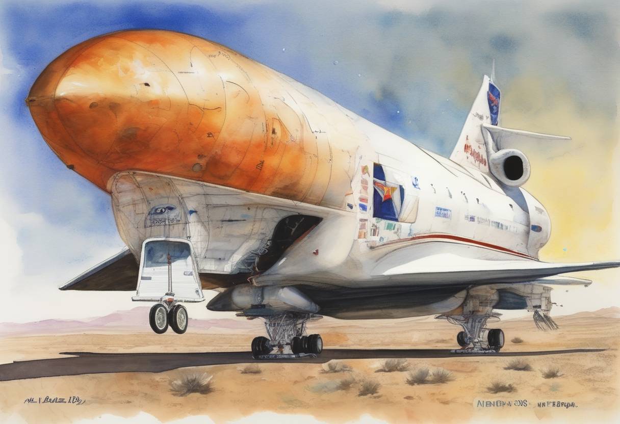 Watercolor painting based depiction of SpaceShipOne wins the Ansari X Prize by becoming the first privately built spacecraft to fly to space twice within two weeks. (2004)
