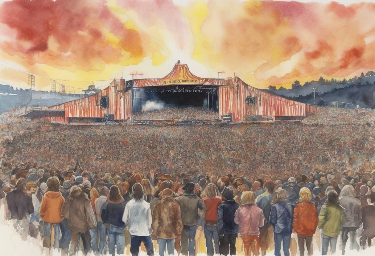 Watercolor painting based depiction of The Rolling Stones held a free concert at Altamont Speedway in California, which became infamous for the violence that occurred, including the stabbing death of a concertgoer. (1969)