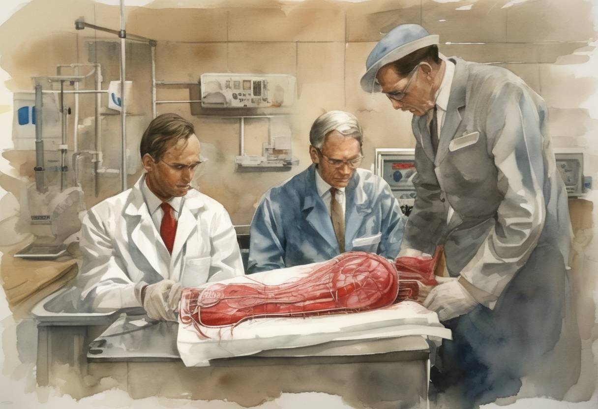 Watercolor painting based depiction of The first successful human heart transplant was performed by Dr. Christiaan Barnard in Cape Town. (1967)