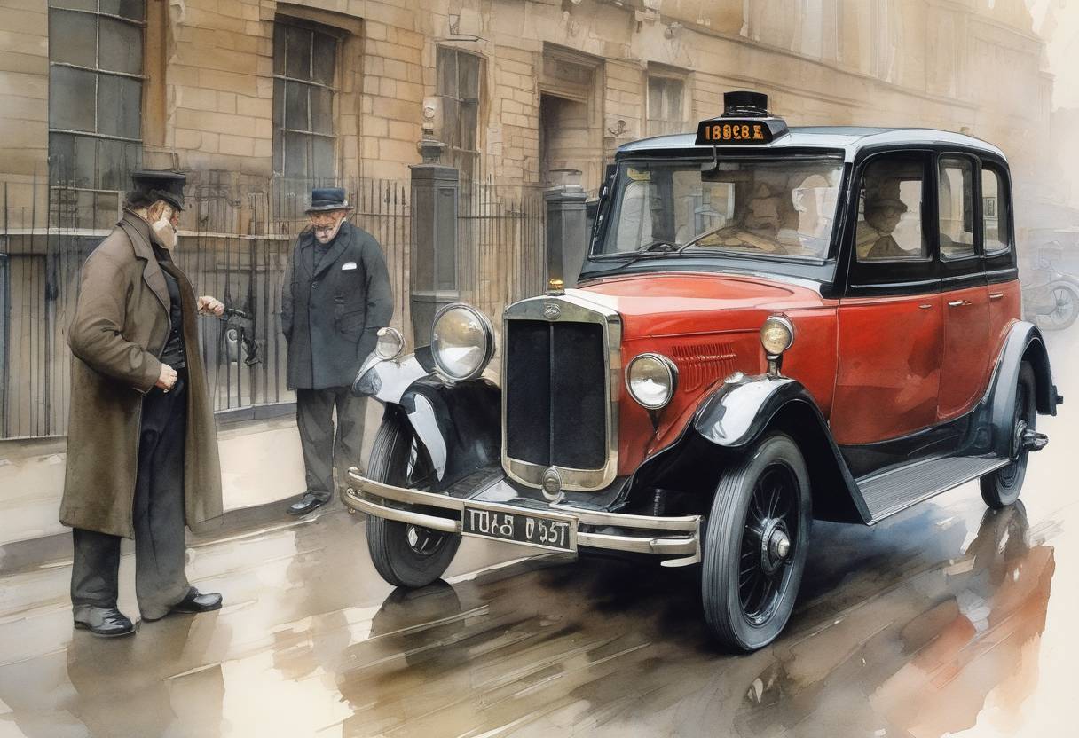 Watercolor painting based depiction of A London taxi driver named George Smith became the first person ever arrested for drunk driving after slamming his cab into a building. (1897)