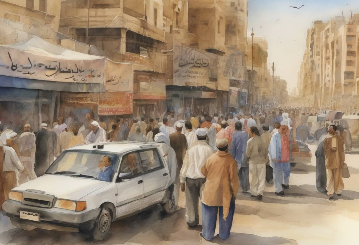 Watercolor painting based depiction of Egypt holds its first multi-candidate presidential election, marking a significant political development in the country's history, although the election process faced criticism for lack of fairness. (2005)