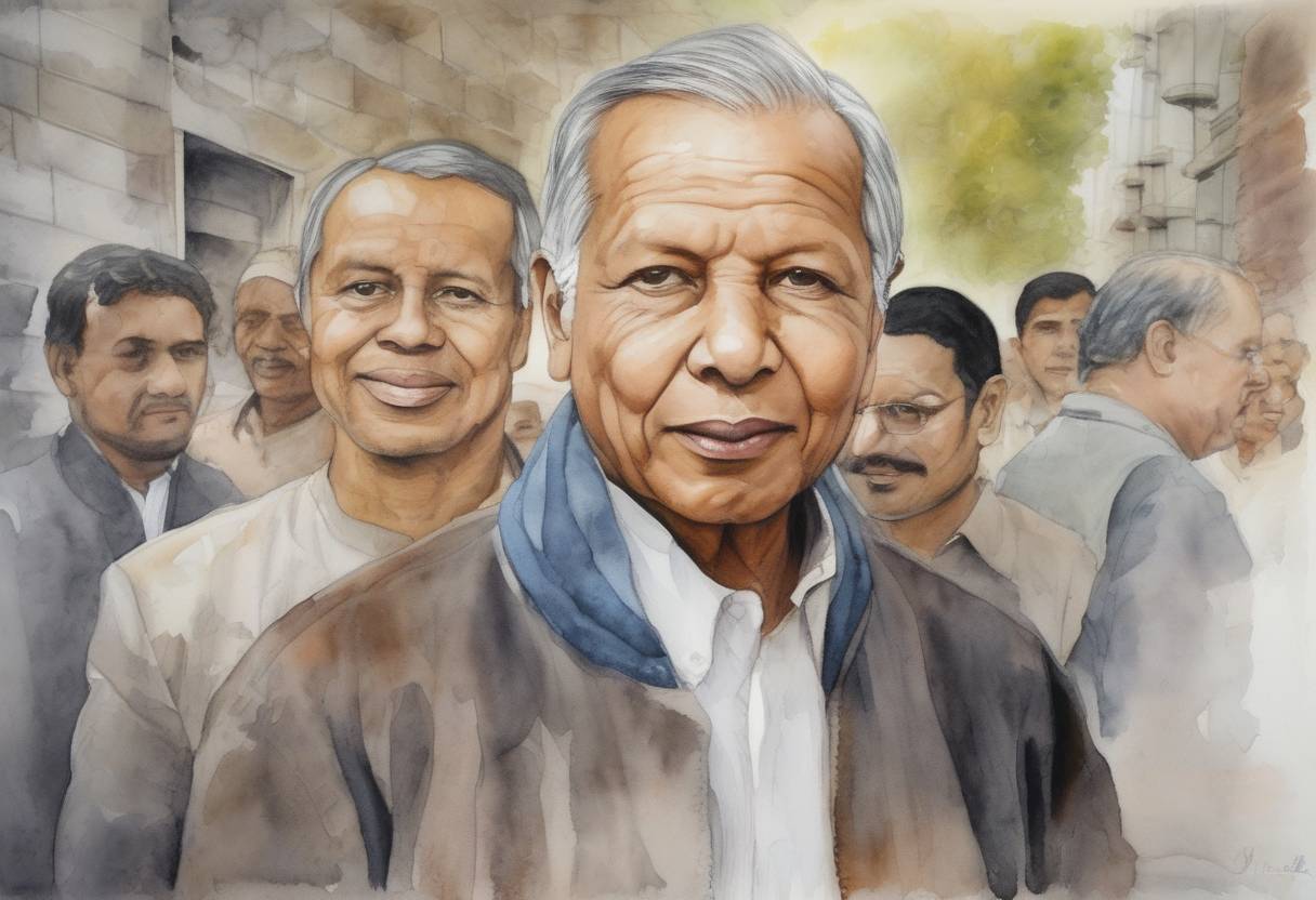 Watercolor painting based depiction of The Nobel Peace Prize was awarded to Muhammad Yunus and the Grameen Bank for their efforts to create economic and social development from below through microcredit. (2006)