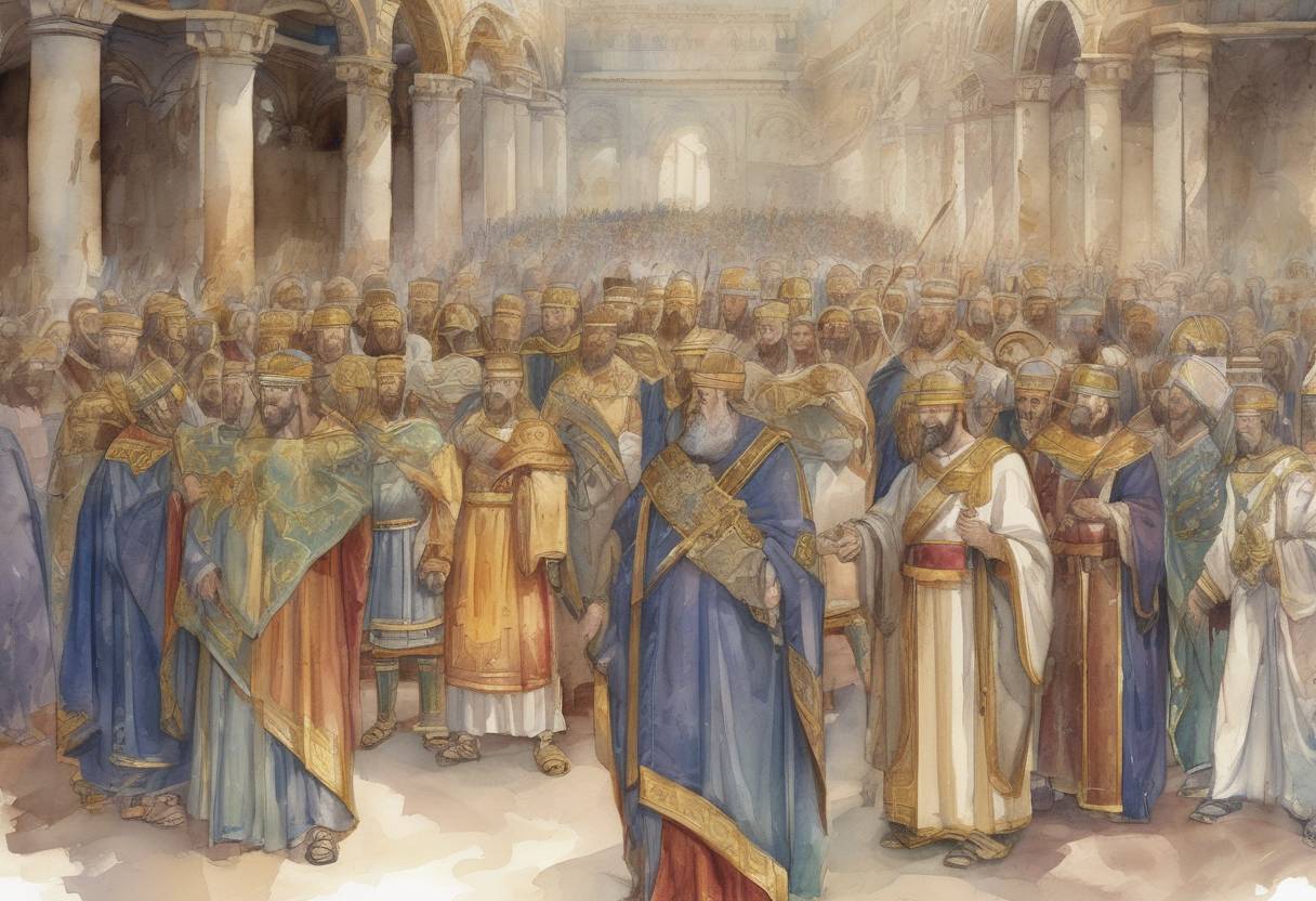 Watercolor painting based depiction of The Byzantine Emperor Justinian I issues the Codex Justinianus, a fundamental work in the history of Western law, as part of his comprehensive legal reforms. (530)