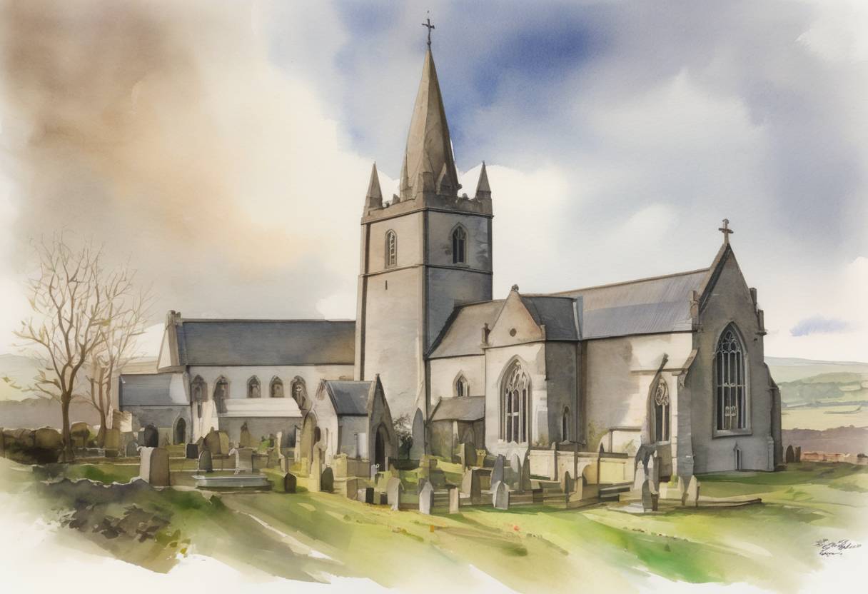 Watercolor painting based depiction of The Synod of Ráth Breasail, a significant church council, was held in Ireland, marking an important step in the organization of the Irish church into dioceses. (783)