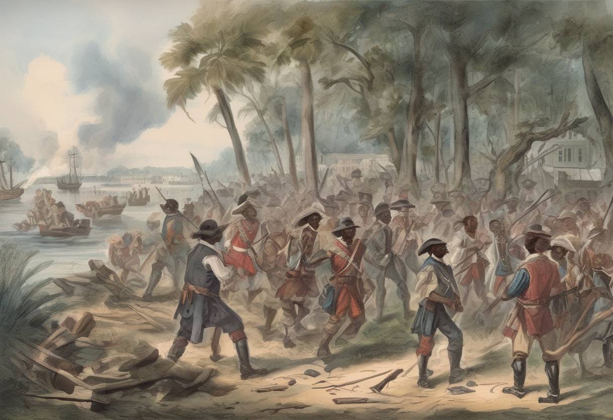 Watercolor painting based depiction of The Stono Rebellion, the largest slave uprising in the British mainland colonies prior to the American Revolution, began in the colony of South Carolina. (1739)