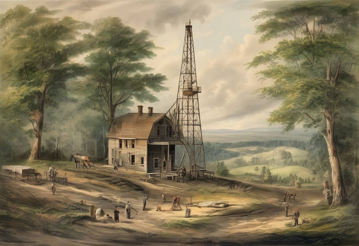 Watercolor painting based depiction of Petroleum was discovered in Titusville, Pennsylvania, leading to the first commercially successful oil well, drilled by Edwin Drake. This event marked the beginning of the modern petroleum industry. (1859)