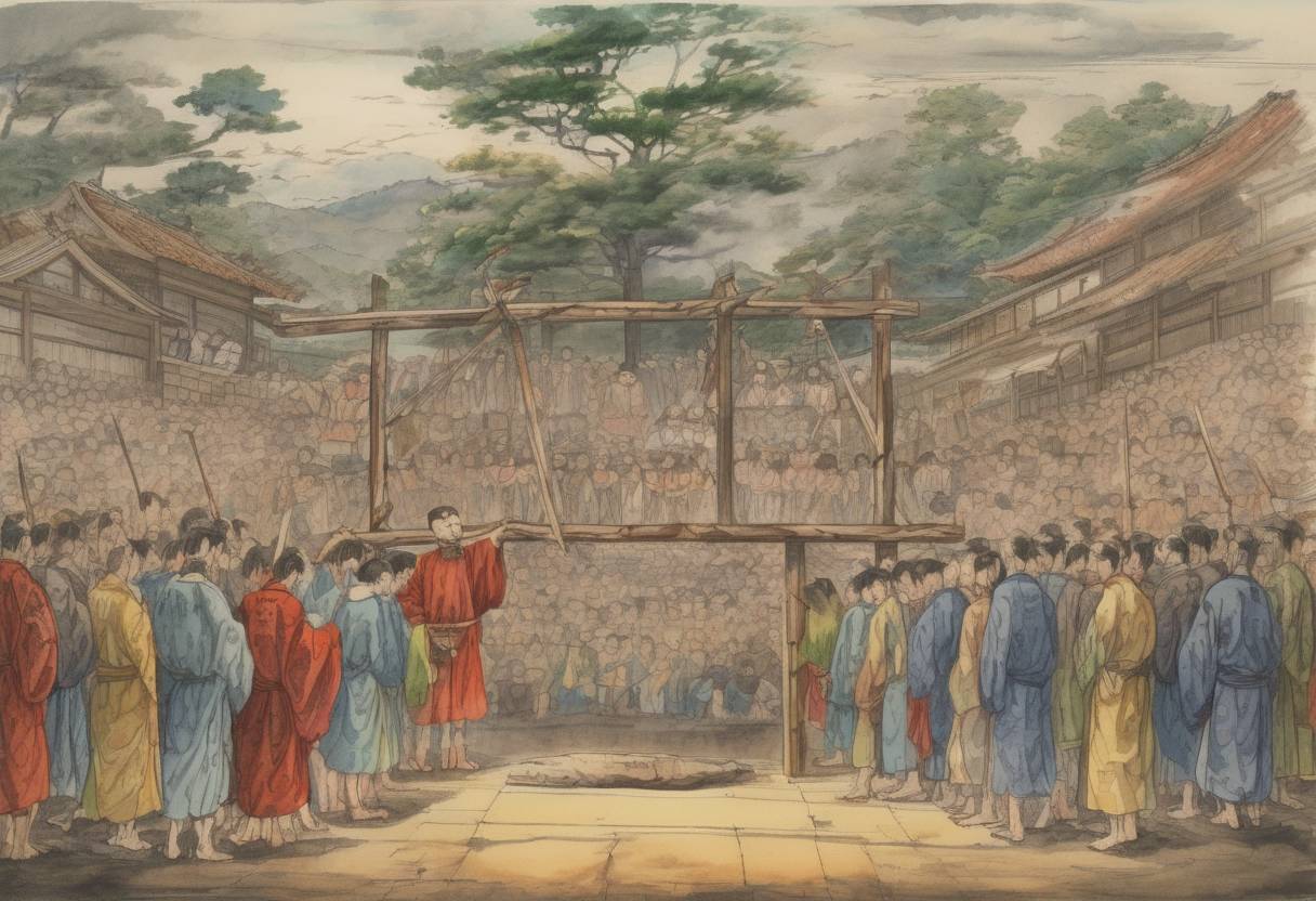 Watercolor painting based depiction of The last execution of the Twenty-six Martyrs of Japan takes place in Nagasaki, Japan. These Christian missionaries and converts were executed by crucifixion on the orders of Toyotomi Hideyoshi, marking a significant event in the history of Christianity in Japan. (1597)
