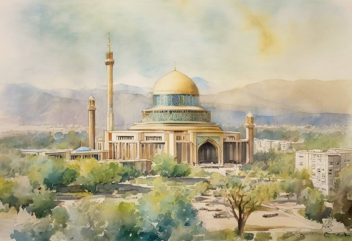 Watercolor painting based depiction of Iran became an Islamic Republic following a national referendum, marking the end of the Pahlavi monarchy and the beginning of theocratic rule under Ayatollah Khomeini. (1979)