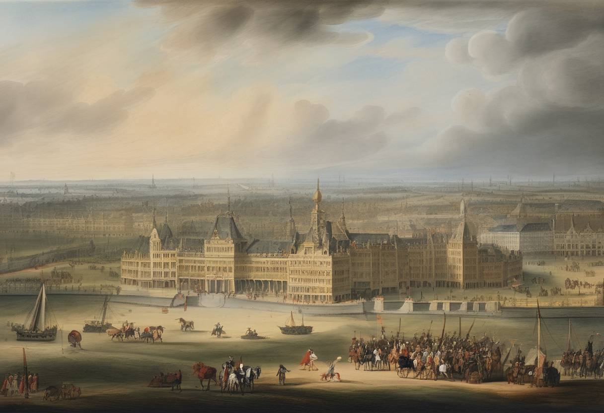 Watercolor painting based depiction of The Treaty of The Hague was signed between England, the Holy Roman Empire, and the Dutch Republic to secure a mutual defense against France and Spain. (1701)