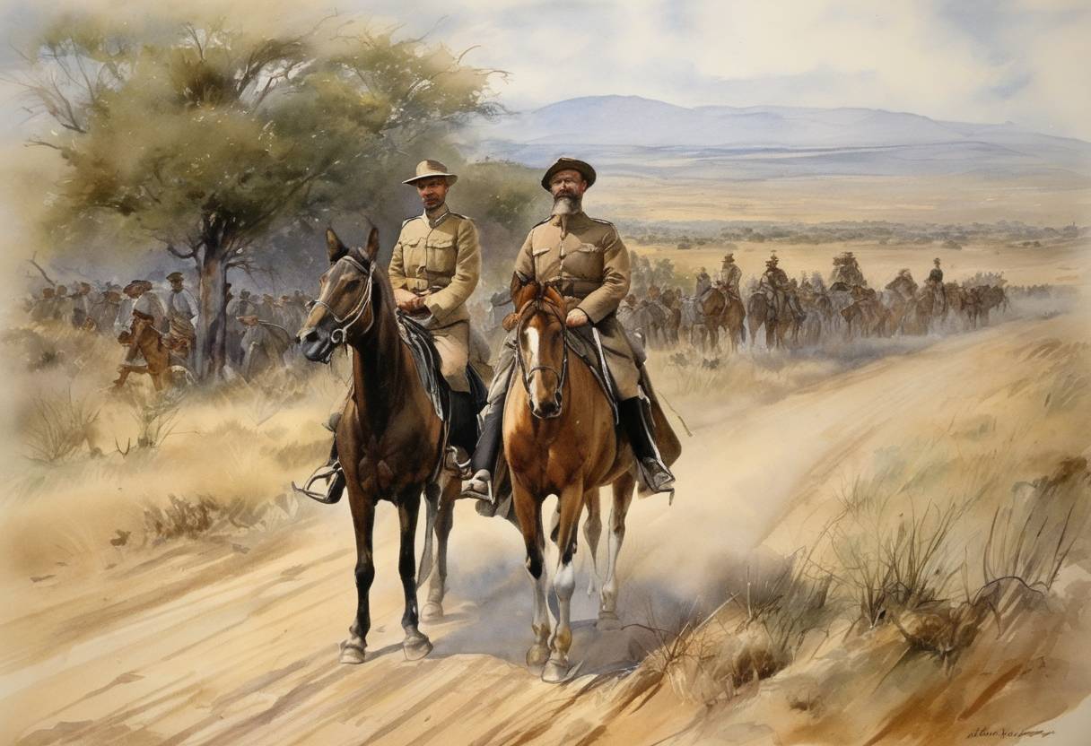 Watercolor painting based depiction of The Second Boer War began, marking the start of hostilities between the British Empire and the two Boer Republics of the South African Republic and the Orange Free State. (1899)