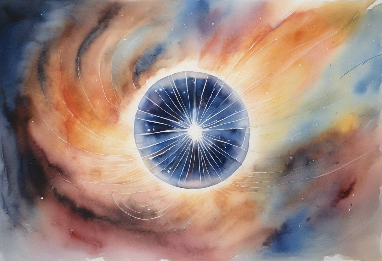 Watercolor painting based depiction of The first Pulsar, a highly magnetized rotating neutron star, is discovered by Jocelyn Bell Burnell and Antony Hewish. (1967)
