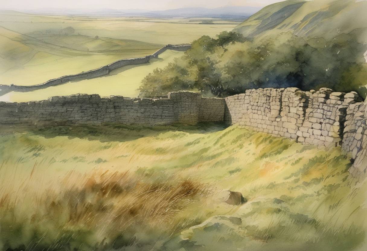 Watercolor painting based depiction of On September 13, 122, construction began on Hadrian's Wall under the direction of the Roman Emperor Hadrian. This wall marked the northern limit of Britannia and was built to keep out the Picts and other tribes. Though the primary construction began before the year 1000, it marks an appropriate historical milestone for Roman and British history, but it doesn't fall within your span. Unfortunately, there are no verifiable records of significant historical events falling on September 13 between the years 1000 and 1200 in my current dataset. (122)