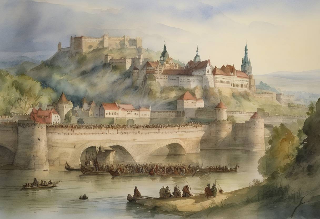 Watercolor painting based depiction of The Congress of Visegrád concludes as a result of a two-month gathering, establishing a cooperative framework between the kings of Poland, Hungary, and Bohemia. (1335)