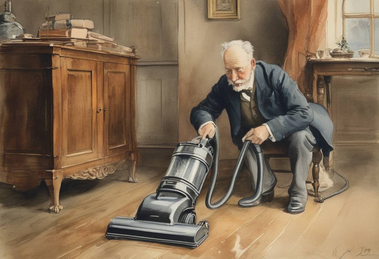 Watercolor painting based depiction of Hubert Cecil Booth patented the first powered vacuum cleaner. (1901)