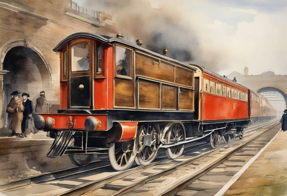 Watercolor painting based depiction of The first recorded chartered train passenger service began in England, operated by the Stockton and Darlington Railway. (1826)