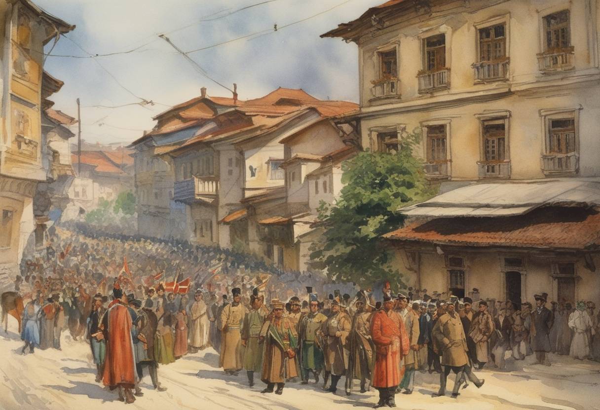 Watercolor painting based depiction of The Bulgarian Declaration of Independence was issued, proclaiming Bulgaria's total independence from the Ottoman Empire. This event led to Bulgaria asserting itself as a fully sovereign state and adopting the title of Tsardom. (1908)