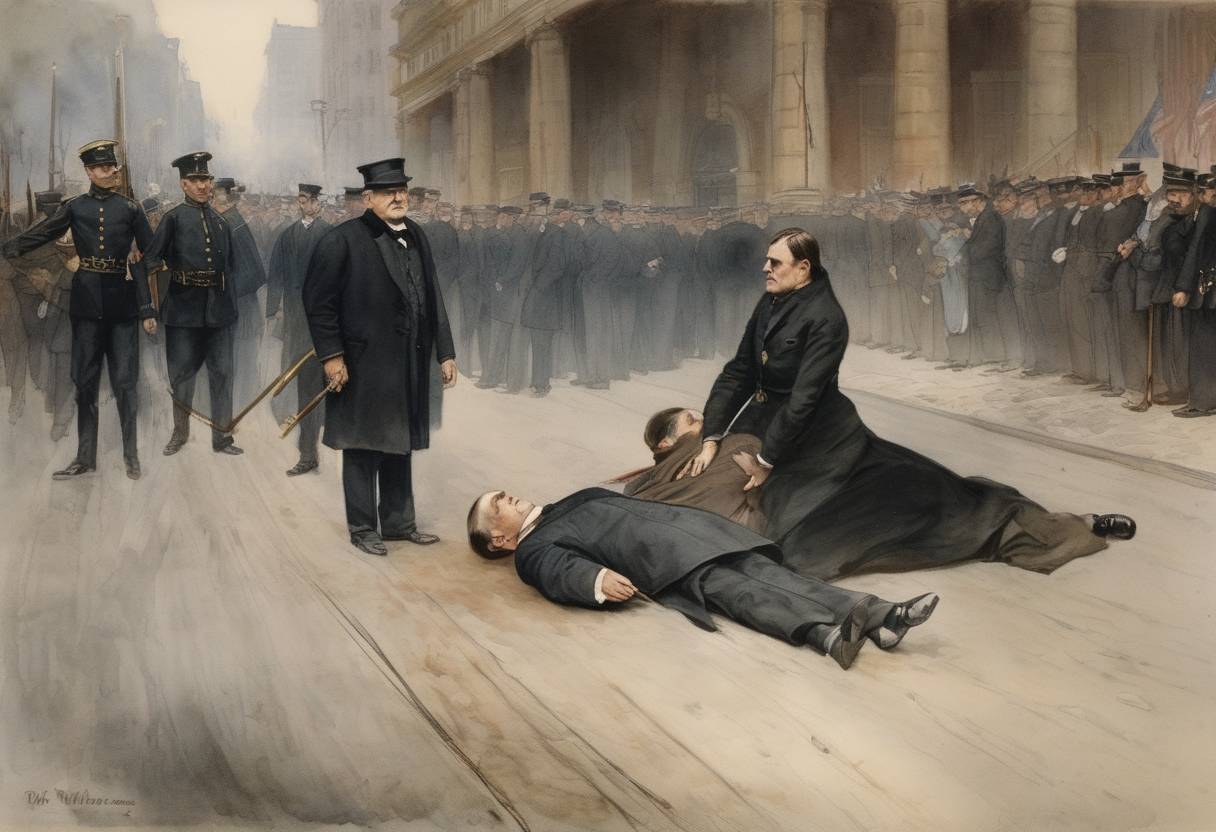 Watercolor painting based depiction of President William McKinley was shot by anarchist Leon Czolgosz. (1901)