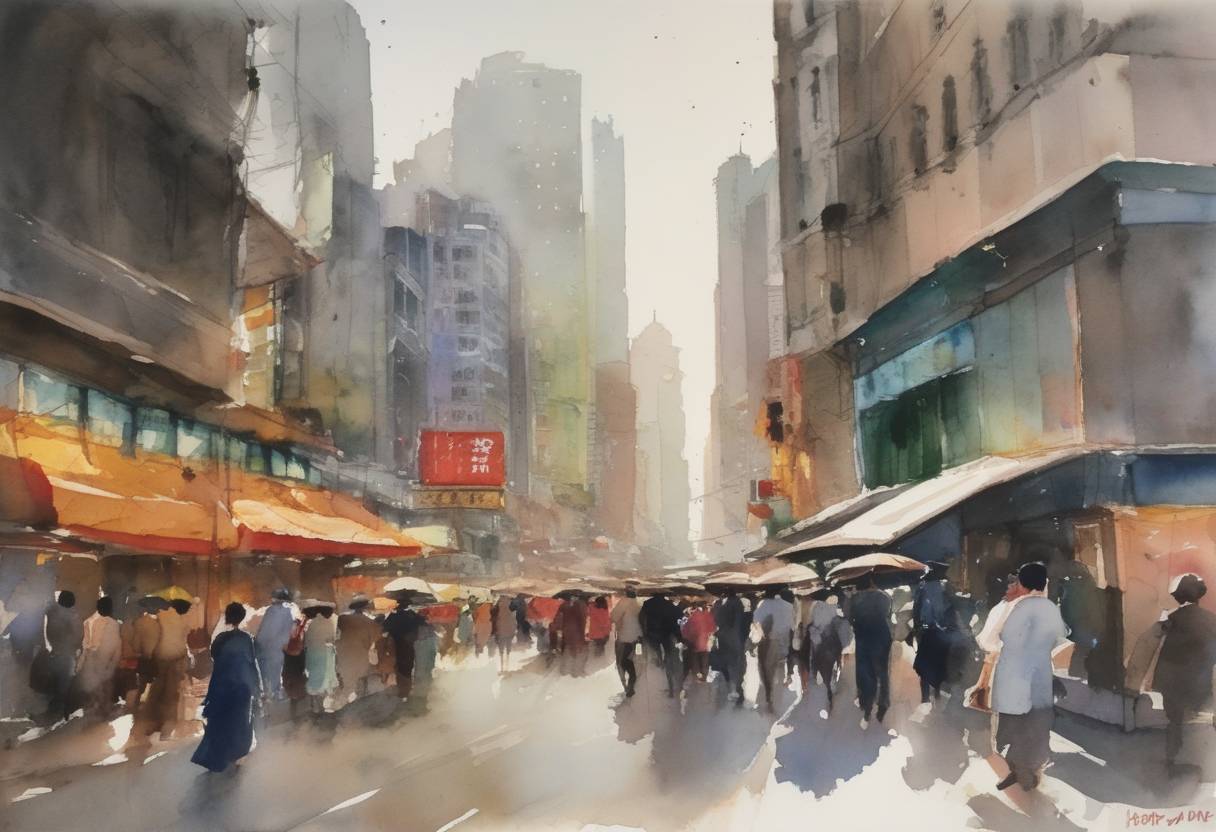 Watercolor painting based depiction of Hong Kong stock market plunged 8.7 percent, deepening the then-ongoing Asian financial crisis, and leading to significant losses globally. (1997)