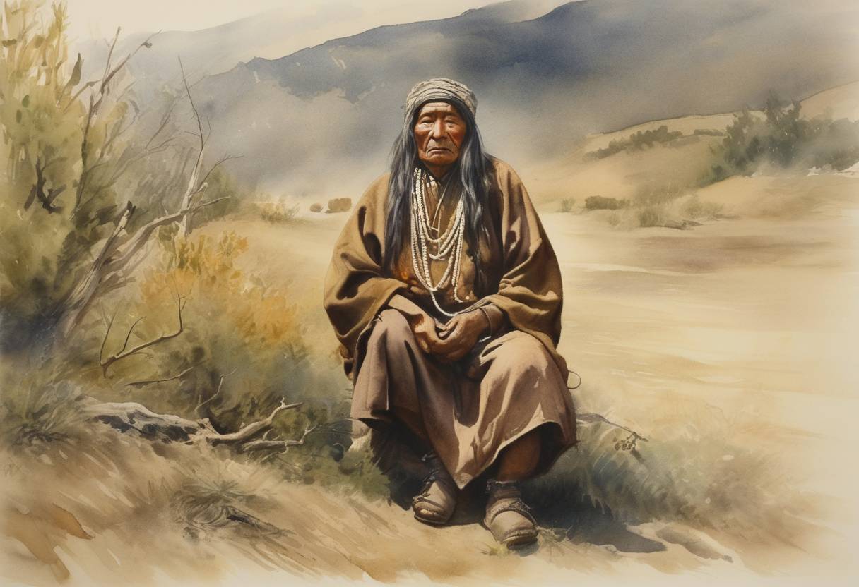 Watercolor painting based depiction of Ishi, purportedly the last surviving member of the Yahi tribe, emerges from the wilderness of northern California and is discovered by a group of butchers. His arrival drew significant attention and led to a lifelong study by anthropologists. (1911)