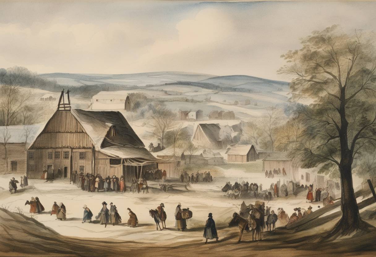 Watercolor painting based depiction of Founding of the Moravian mission settlement of Bethlehem in the Colony of Pennsylvania by followers of Nikolaus Ludwig Zinzendorf. (1738)