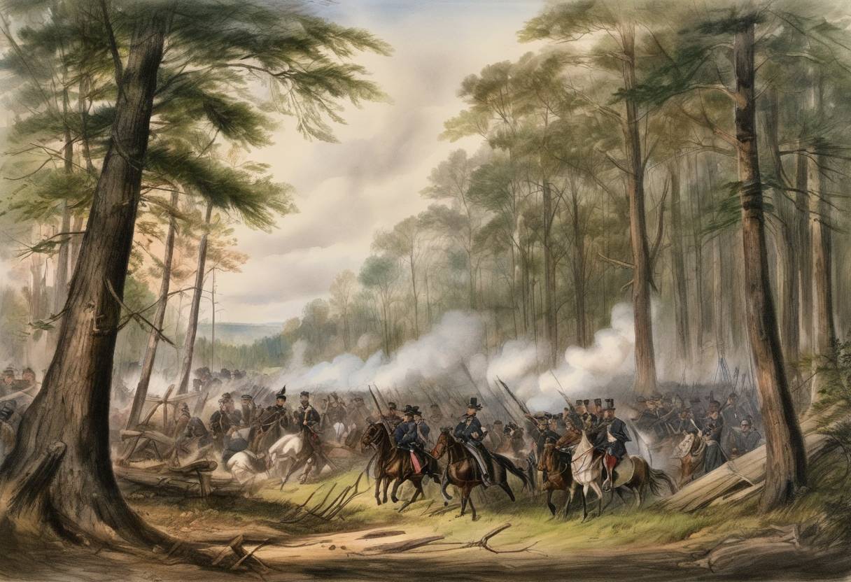 Watercolor painting based depiction of The Battle of the Wilderness, part of the American Civil War, came to an inconclusive end. It was one of the first clashes between General Ulysses S. Grant and General Robert E. Lee. (1864)