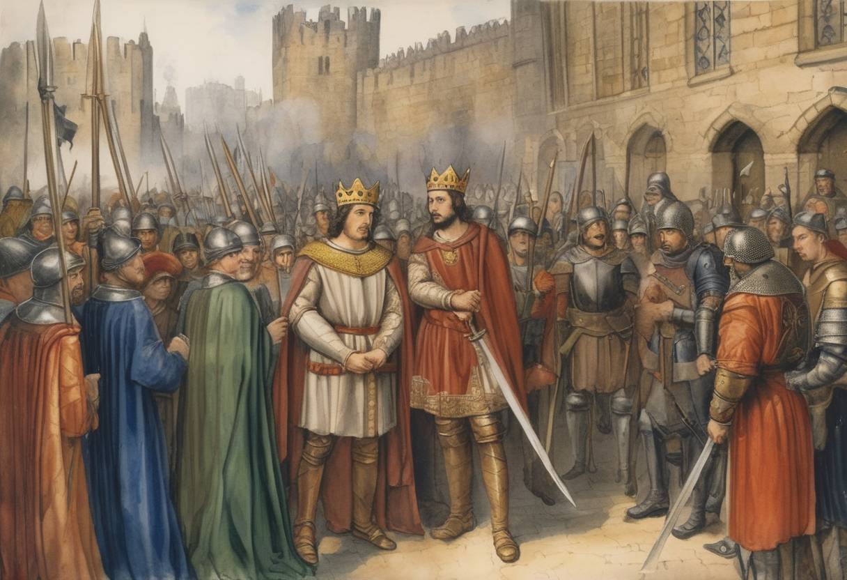 Watercolor painting based depiction of King Richard II of England issues a royal pardon to many of the participants in the Peasants' Revolt, in an effort to pacify the unrest and restore order. The rebellion had been fueled by socio-economic grievances. (1381)