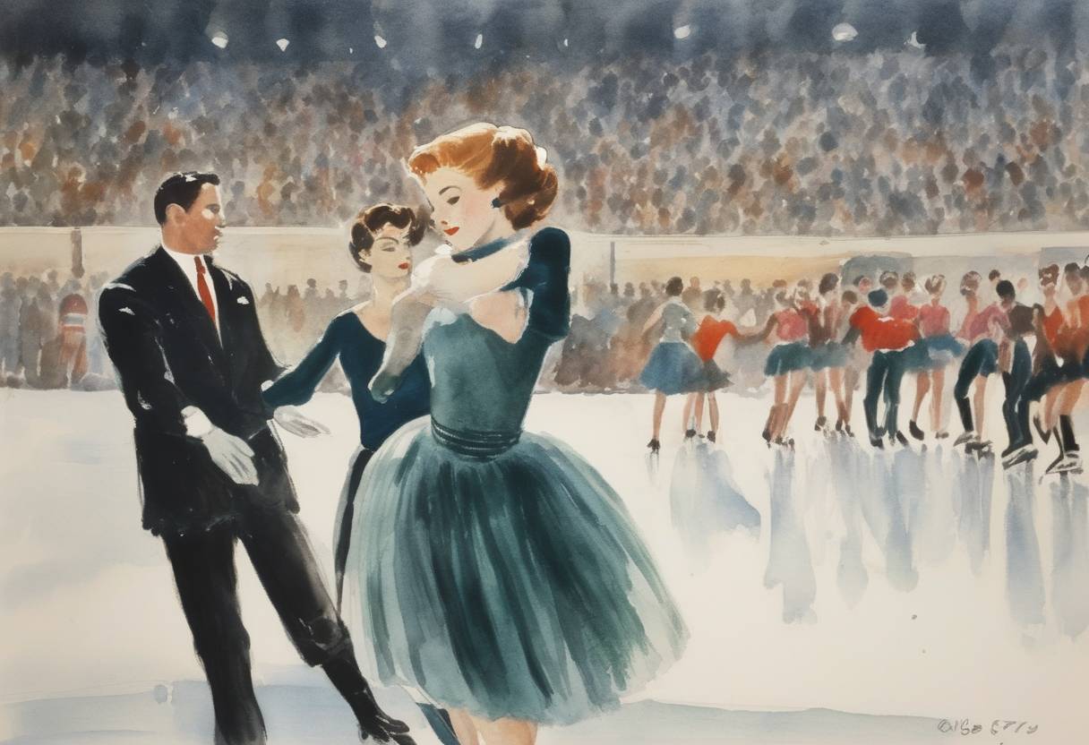 Watercolor painting based depiction of The entire United States figure skating team is killed in a plane crash in Belgium, en route to the World Championships in Prague. (1961)