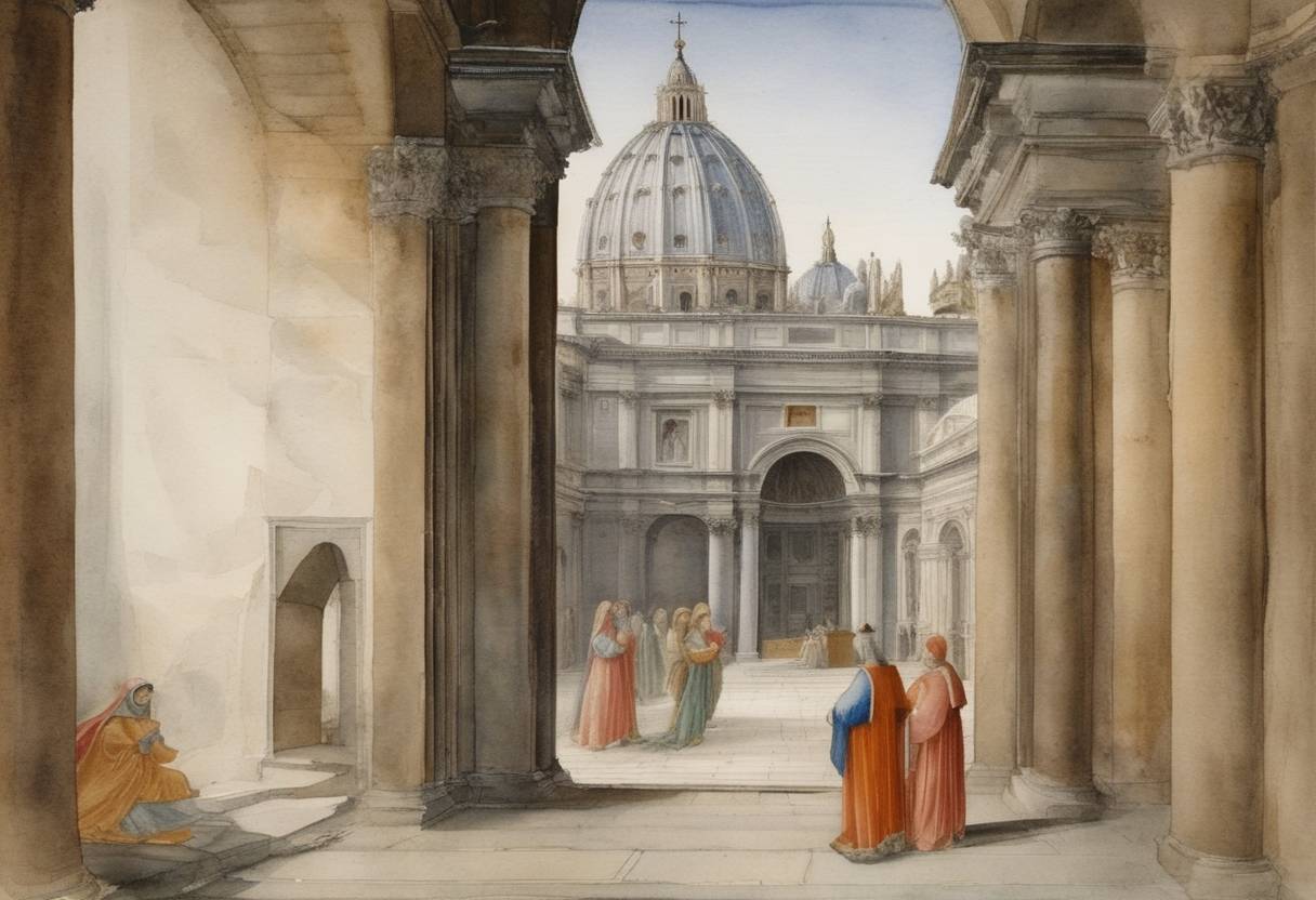 Watercolor painting based depiction of The Catholic Church officially recognized the Feast of the Annunciation. (1458)