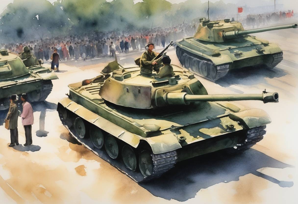 Watercolor painting based depiction of The famous 'Tank Man' incident occurred during the protests in Tiananmen Square, where an unidentified man stood in front of a column of tanks the day after the Chinese government's crackdown. (1989)