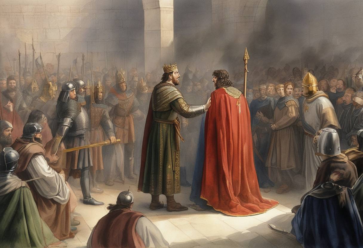 Watercolor painting based depiction of Edward I of England issues the Edict of Expulsion, expelling all Jews from England. (1290)