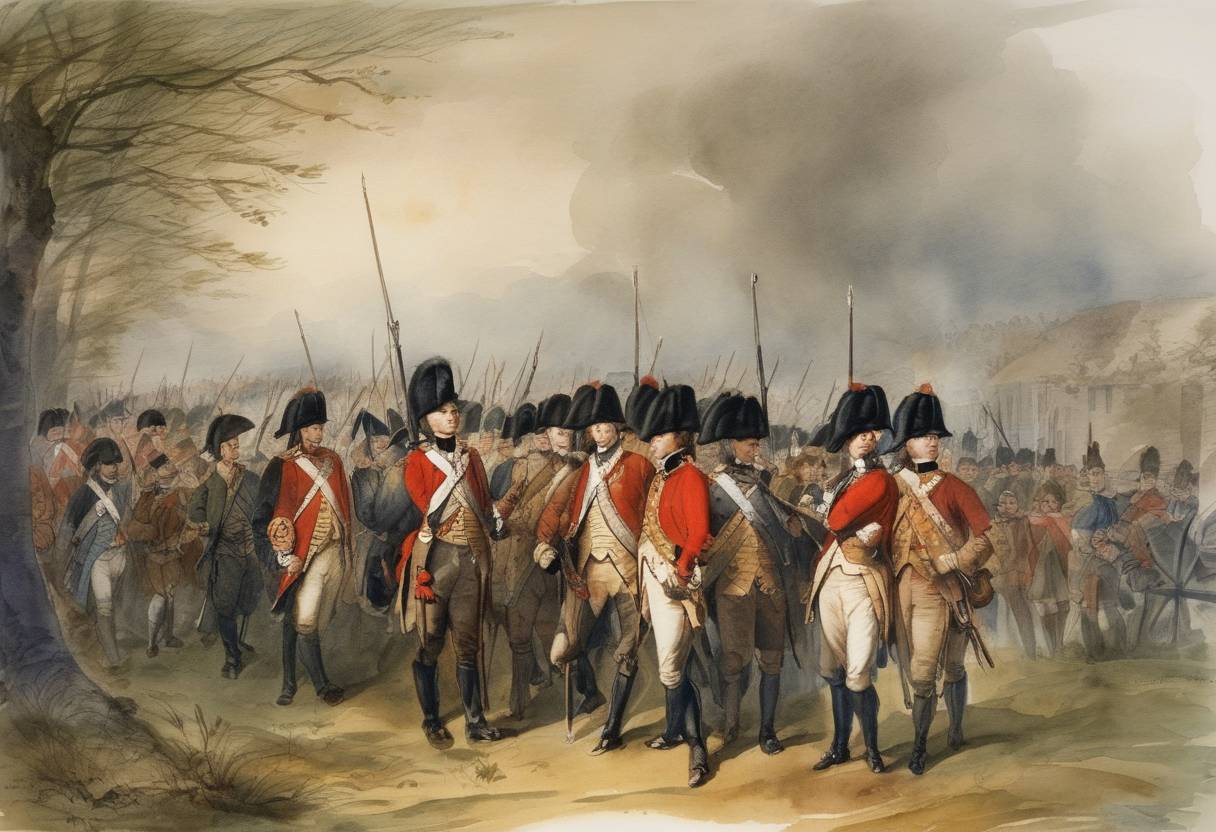 Watercolor painting based depiction of Bonnie Prince Charlie's army began withdrawing to Scotland from Derby, after failing to secure a decisive victory against the British government forces during the Jacobite Rising. (1746)